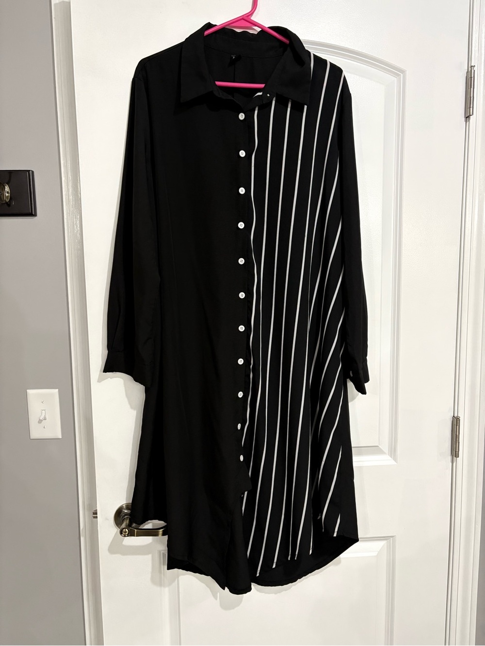 SHEIN Black Button-Front Long Sleeve Striped Shirt Dress
